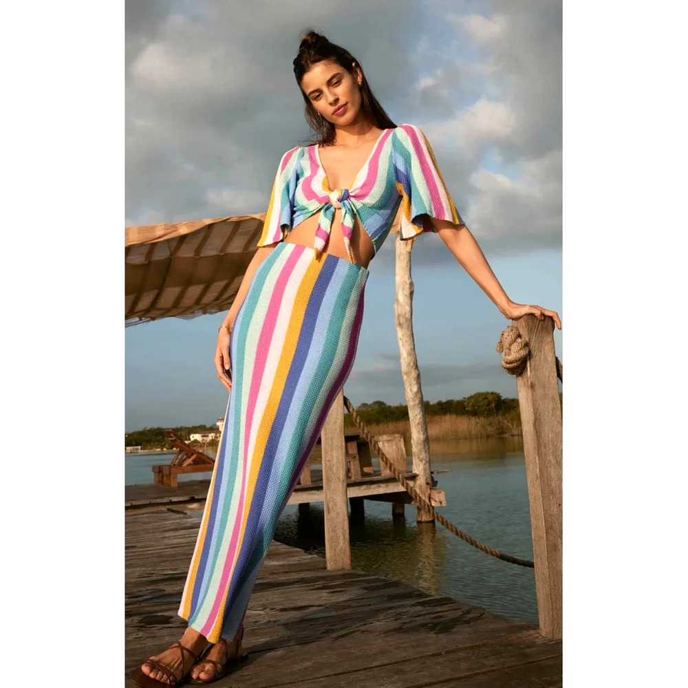 Z Supply Iman Prism Set Small Rainbow Stripe Knit Skirt Top Matching NWT Boho